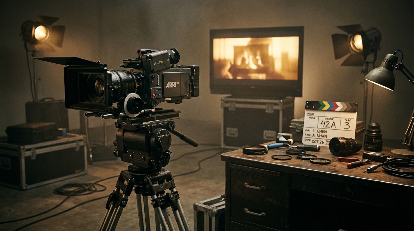 Professional cinema camera and clapperboard on a dark film set with warm amber lighting